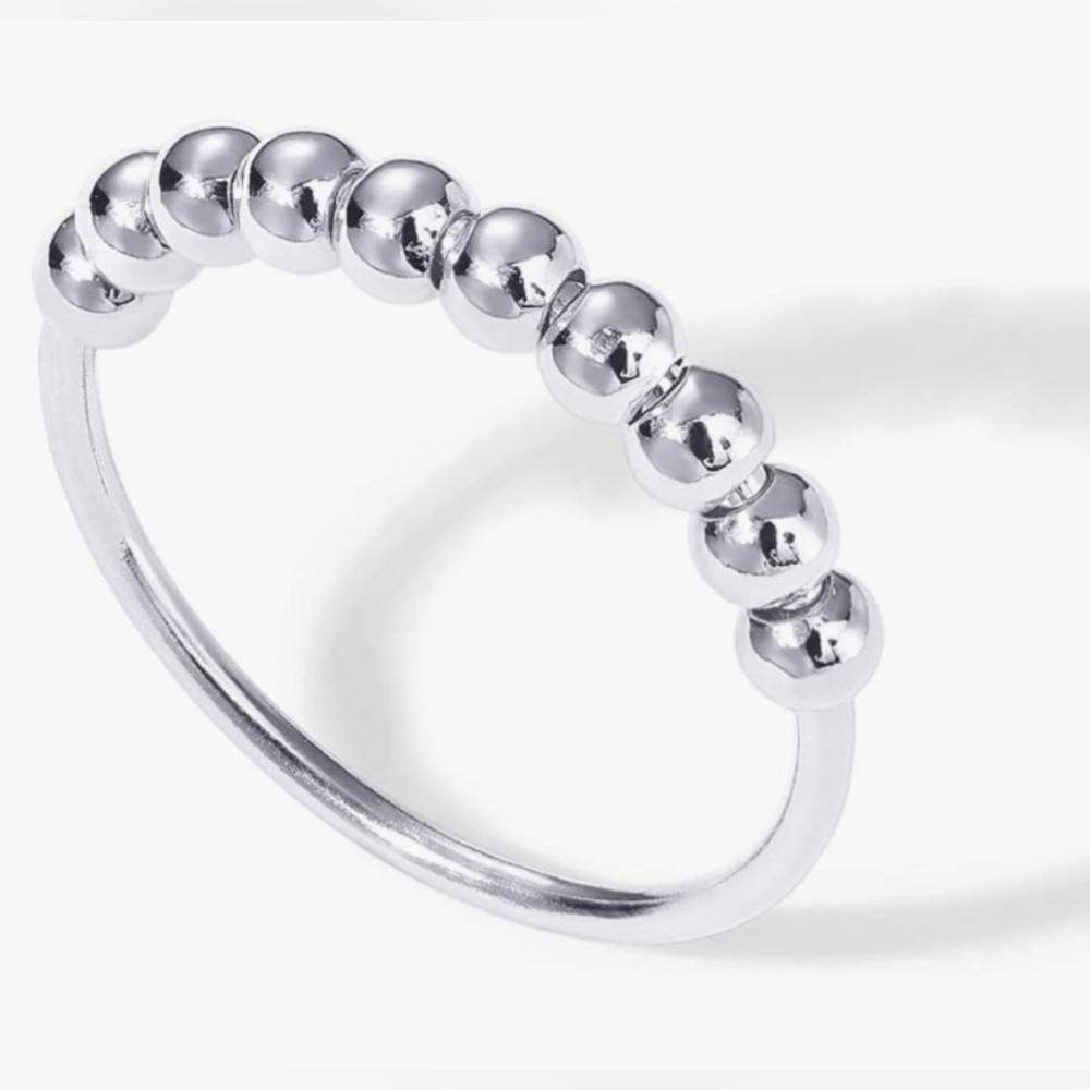 Elegant Silver Beaded Anxiety Ring Size 6 J149